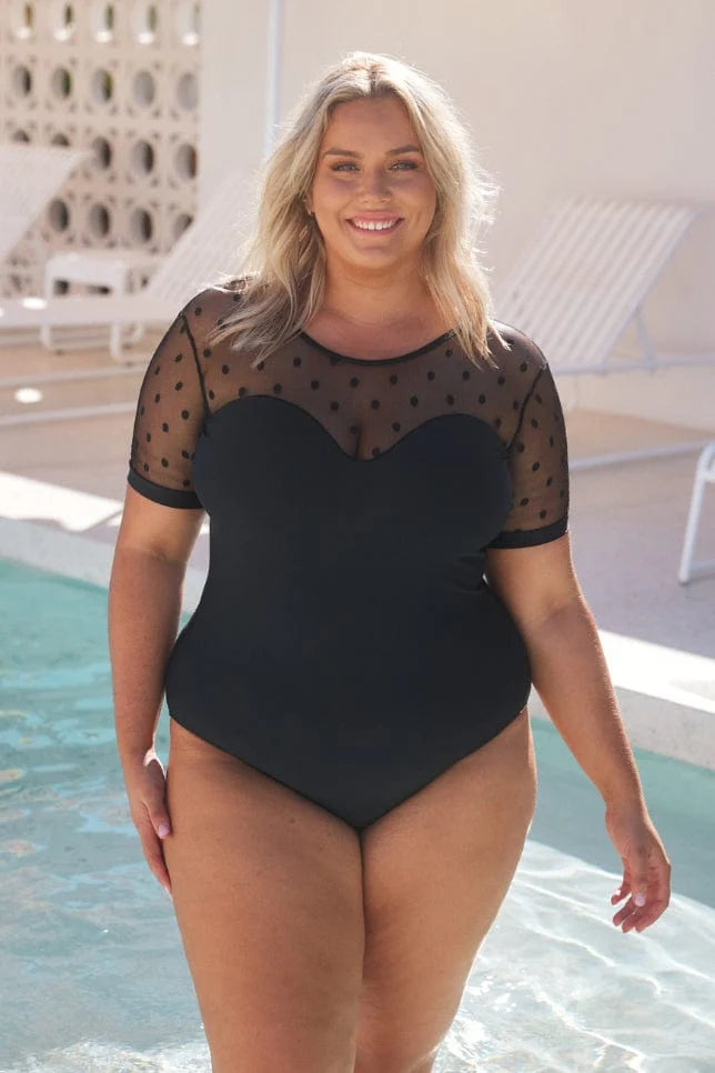 Black Mesh Polkadot Short Sleeve One Piece