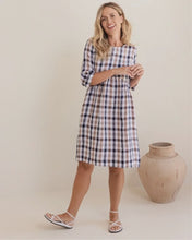 Load image into Gallery viewer, Linen Button Back Cap Sleeve Navy/Bronze Check Dress
