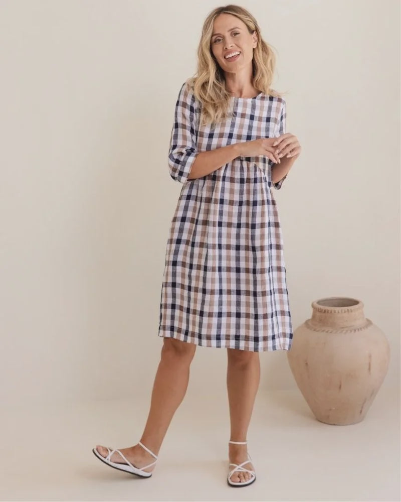 Linen Button Back Cap Sleeve Navy/Bronze Check Dress