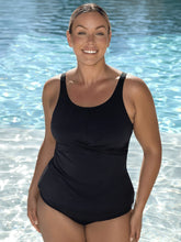 Load image into Gallery viewer, Chlorine Resistant Black High Neck Twist Front Tankini Top

