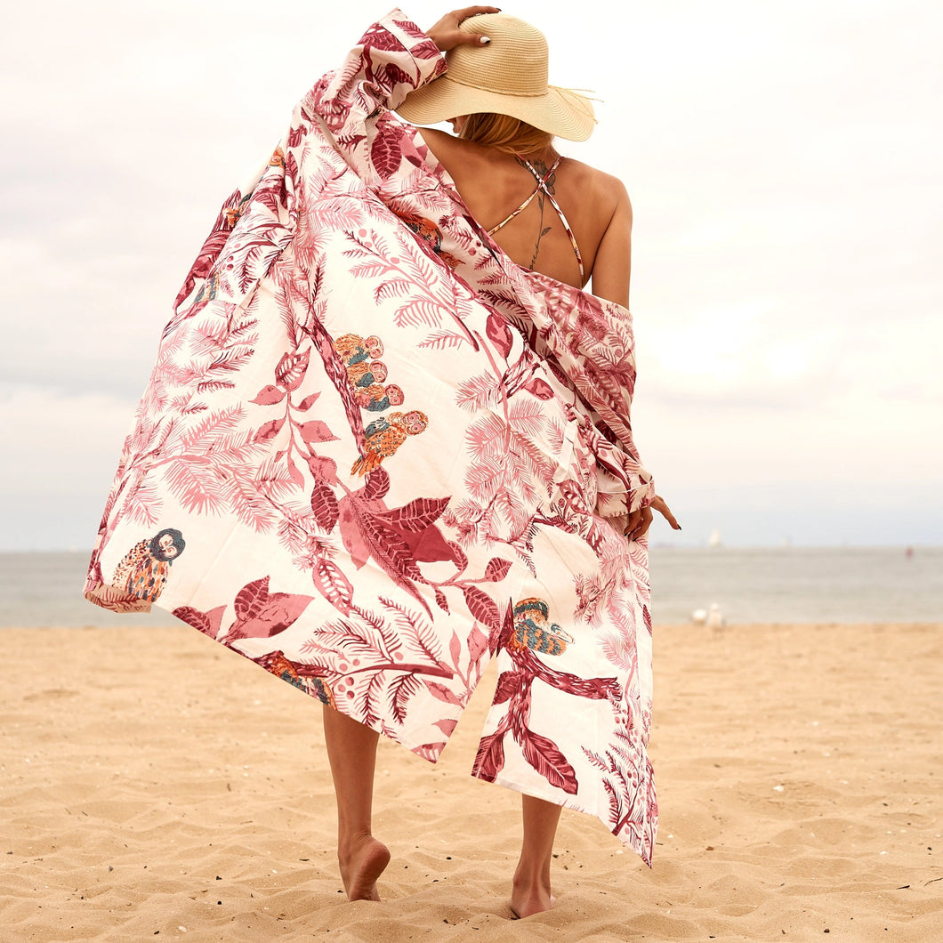 Handmade Kimono Cotton Kimono Bathrobe Kaftan - Pink Owl