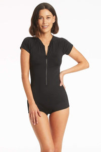 Essentials Short Sleeve Boyleg One Piece Black