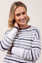 Load image into Gallery viewer, 100% Merino Wool (Cashfeel)  Stripe Sweater White / Silver/ Navy
