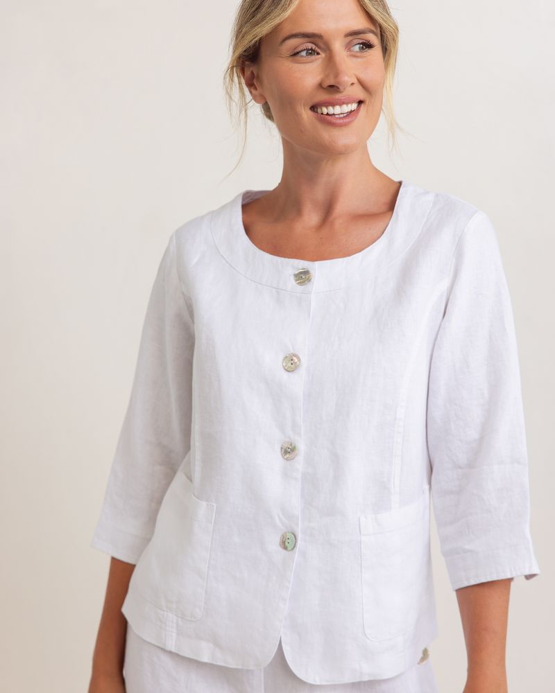 100% Linen 3/4 Sleeve Utility Jacket White