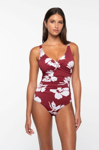 Whispering Allure Louise Multifit Ruched Front One Piece Maroon