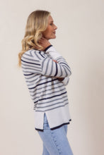 Load image into Gallery viewer, 100% Merino Wool (Cashfeel)  Stripe Sweater White / Silver/ Navy
